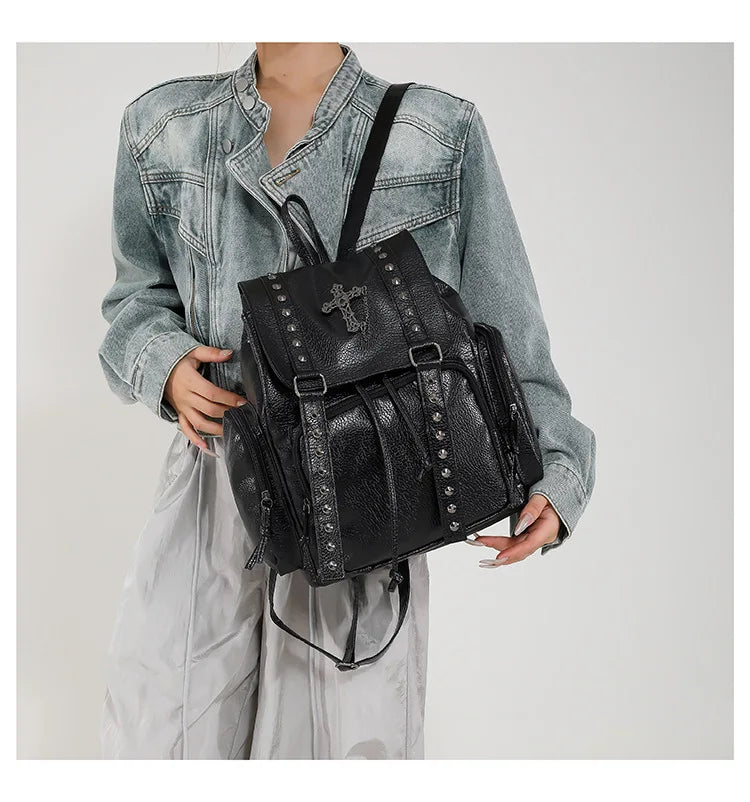 Goth Vintage Rivet Backpack Purse, Retro Punk Style Travel Daypack, Women's Gothic School Knapsack,