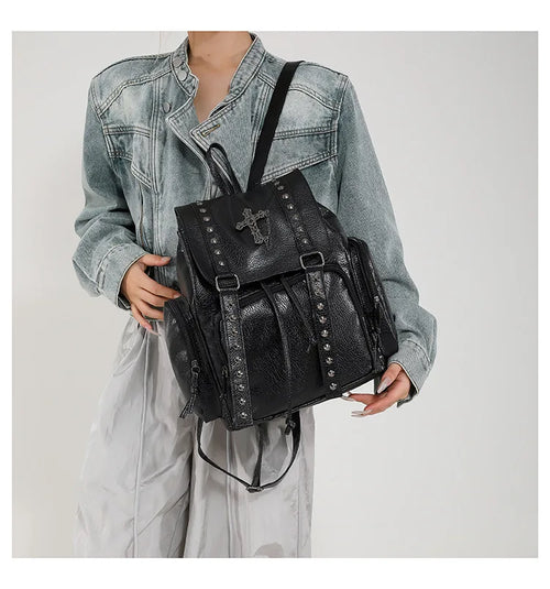 Goth Vintage Rivet Backpack Purse, Retro Punk Style Travel Daypack, Women's Gothic School Knapsack,
