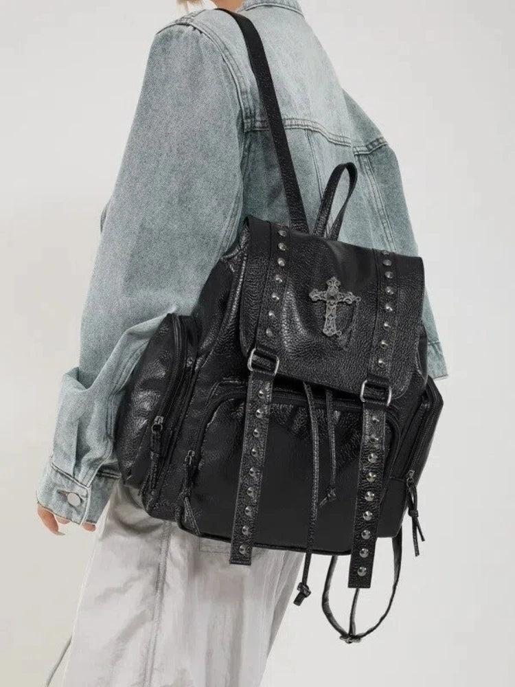 Women's Y2K Punk Studded Backpack Cross Metal Studs Gothic Edgy Daypack for Daily Party Club 2000s Goth Style