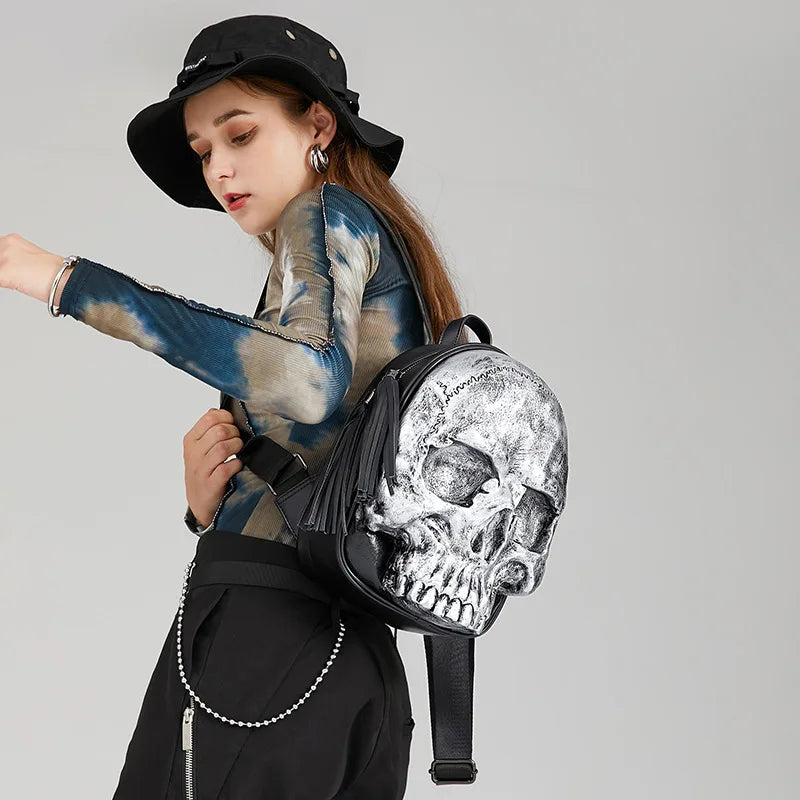 Unisex Halloween Diamond PU Skull Backpack Unisex Terrifying Funny Couples Party 3D Skull Schoolbag Punk Rivet Bookbag