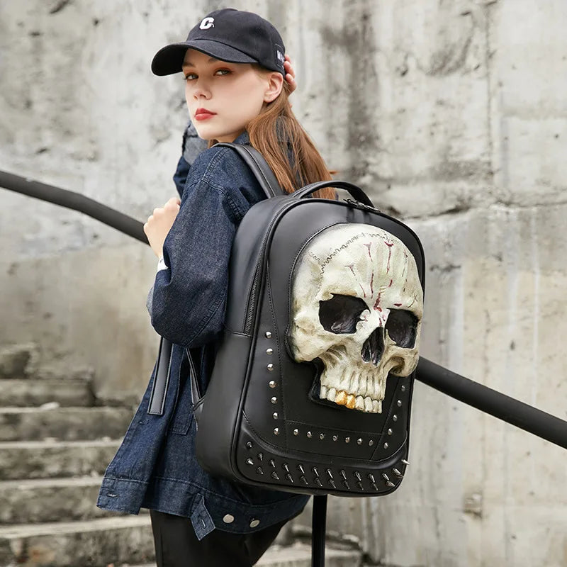 Unisex Halloween Diamond PU Skull Backpack Unisex Terrifying Funny Couples Party 3D Skull Schoolbag Punk Rivet Bookbag