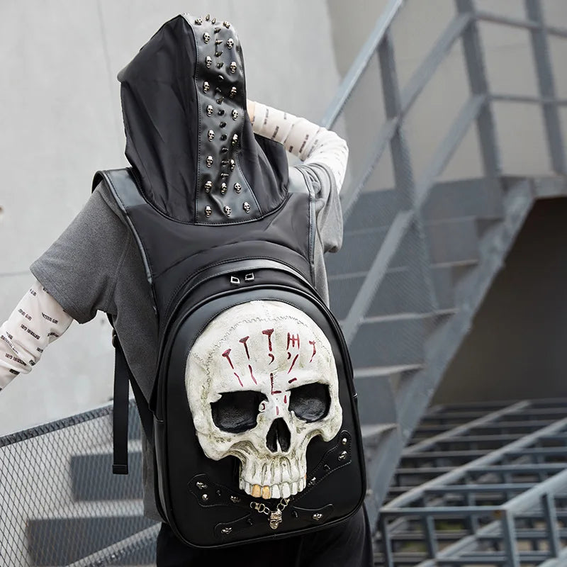 Unisex Halloween Diamond PU Skull Backpack Unisex Terrifying Funny Couples Party 3D Skull Schoolbag Punk Rivet Bookbag