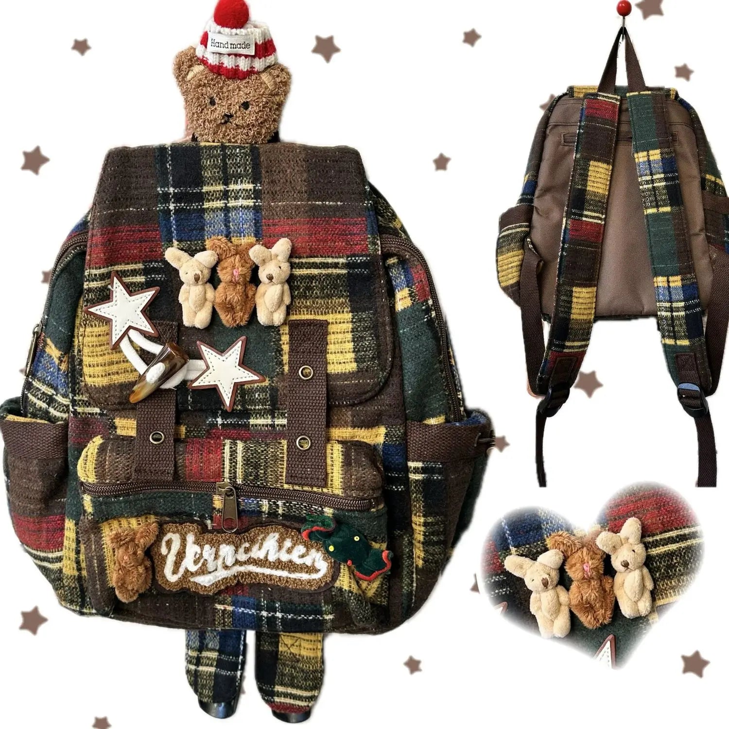JIAERDI Harajuku Bear Y2k Backpack Women New 2025 High Street Retro Plaid Patchwork Schoolbag Female Casual Mochila Aesthetic