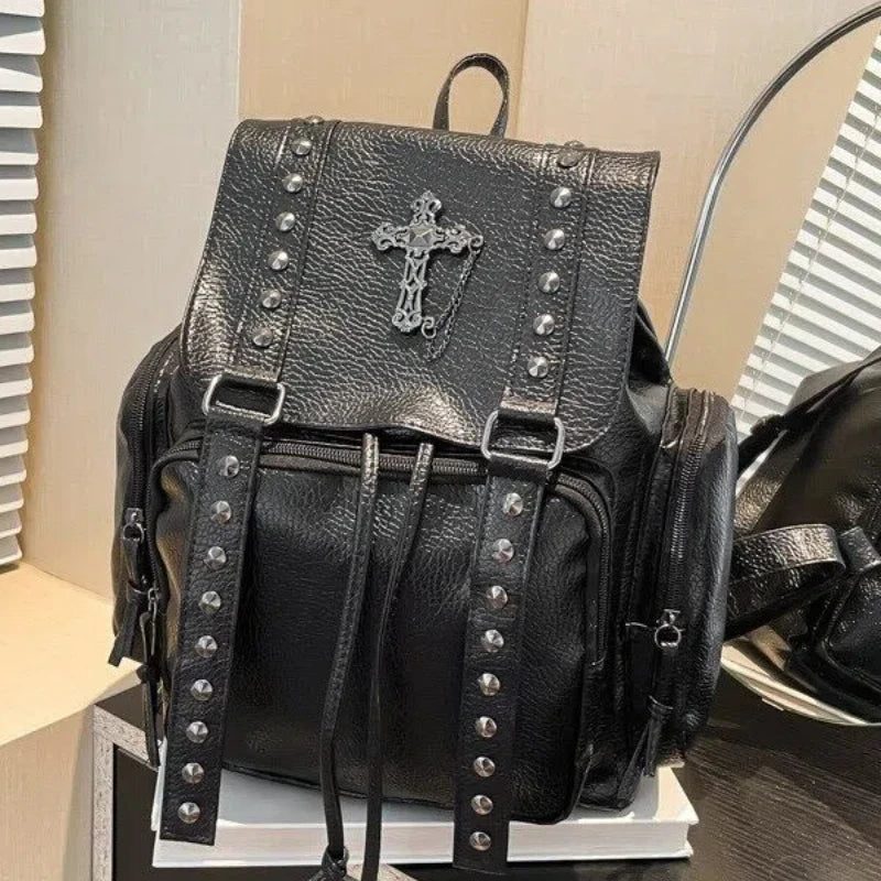 Women's Y2K Punk Studded Backpack Cross Metal Studs Gothic Edgy Daypack for Daily Party Club 2000s Goth Style