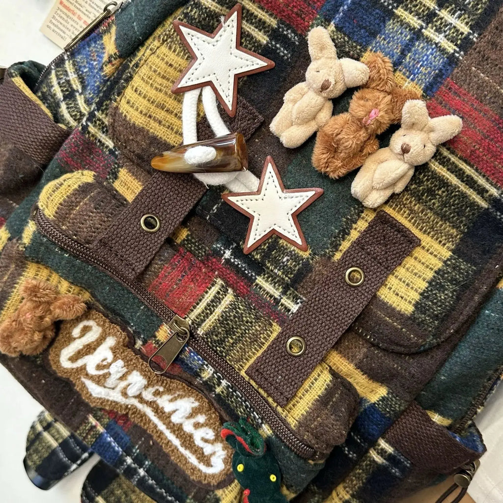 JIAERDI Harajuku Bear Y2k Backpack Women New 2025 High Street Retro Plaid Patchwork Schoolbag Female Casual Mochila Aesthetic
