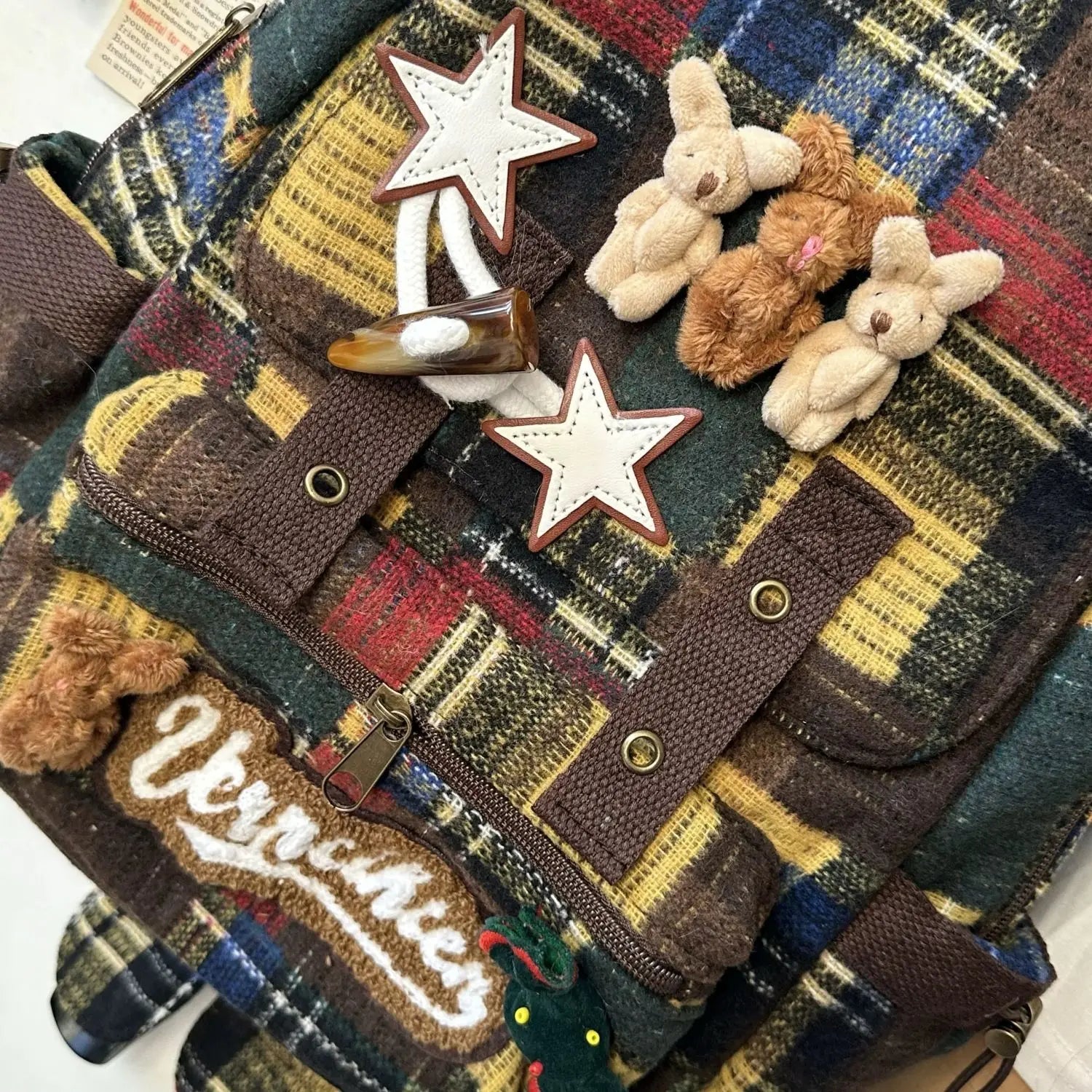 JIAERDI Harajuku Bear Y2k Backpack Women New 2025 High Street Retro Plaid Patchwork Schoolbag Female Casual Mochila Aesthetic