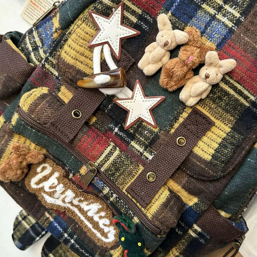 JIAERDI Harajuku Bear Y2k Backpack Women New 2025 High Street Retro Plaid Patchwork Schoolbag Female Casual Mochila Aesthetic