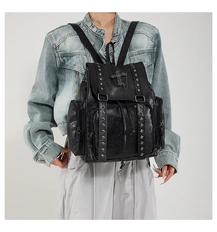 Goth Vintage Rivet Backpack Purse, Retro Punk Style Travel Daypack, Women's Gothic School Knapsack,