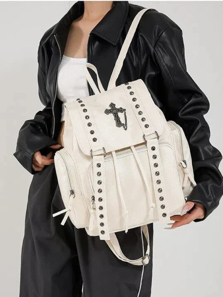 Women's Y2K Punk Studded Backpack Cross Metal Studs Gothic Edgy Daypack for Daily Party Club 2000s Goth Style